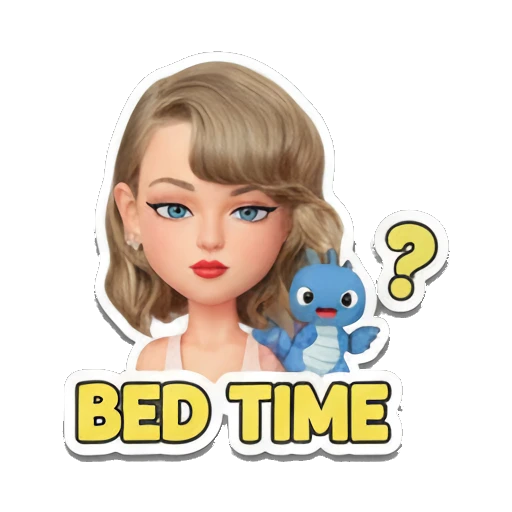 Blonde girl looking sleepy with a blue dragon, BED TIME text. Taylor Style 3D Adventures sticker for expressive chats and social replies.