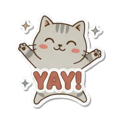 Excited kitten jumping with YAY Cozy Tabby Daily sticker for expressive chats and social replies.