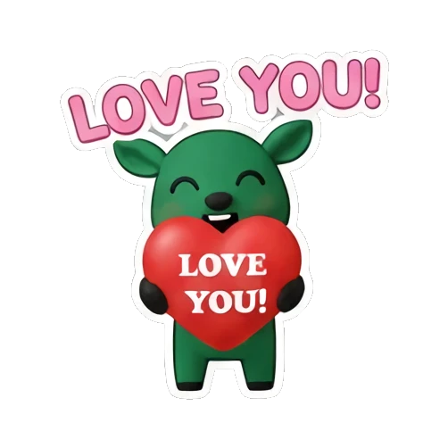 Green deer holding a red heart with LOVE YOU text Green Deer Joyful Adventures sticker for expressive chats and social replies.