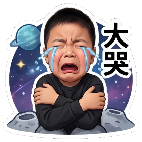 Boy crying loudly with space background, labeled '大哭'. Little Astronaut Daily sticker for expressive chats and social replies.