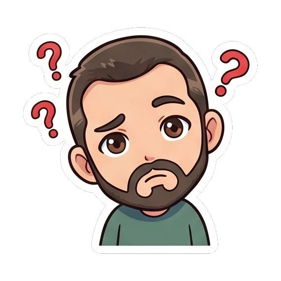 Bearded man confused with question marks Cheerful Bearded Guy sticker for expressive chats and social replies.