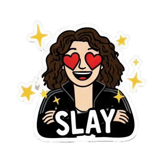 Curly-haired girl with heart eyes looking excited with text SLAY Curly Hair Girl Daily Vibes sticker for expressive chats and social replies.