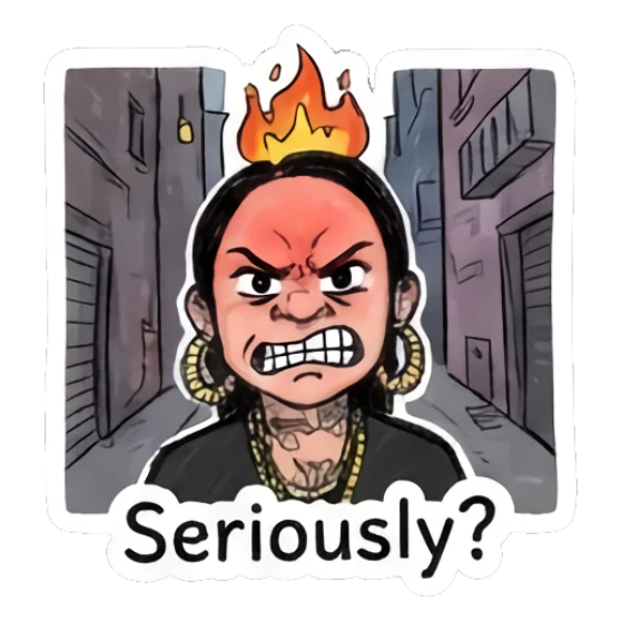 Girl with head on fire, angry expression, urban alley background. Doodle Girl Vibes sticker for expressive chats and social replies.