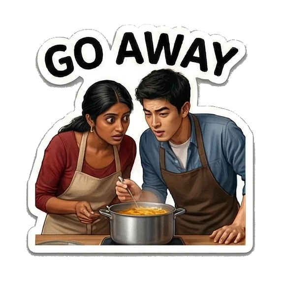 两人在厨房严肃对峙 Culinary Couple Moments sticker for expressive chats and social replies.