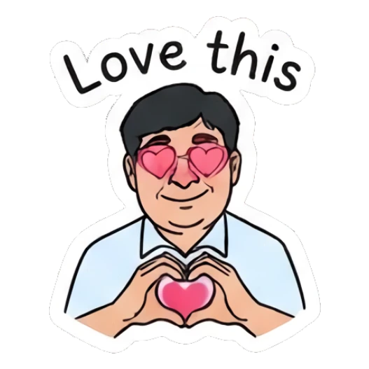 Man making a heart shape with hands and 'Love this' text Office Guy Daily Vibes sticker for expressive chats and social replies.