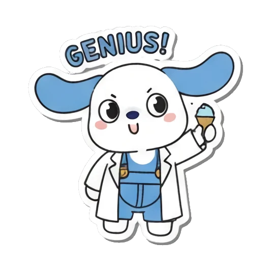 Puppy holding ice cream with GENIUS! Little Scientist Puppy sticker for expressive chats and social replies.