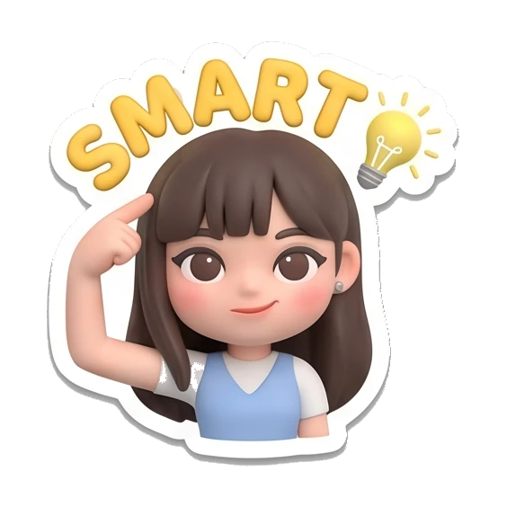 Girl pointing at head with a lightbulb icon and text SMART Cute Girl Daily Expressions sticker for expressive chats and social replies.