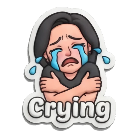 Girl hugging herself and crying with Crying text Puff Print Girl Daily sticker for expressive chats and social replies.
