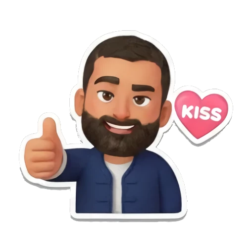胡子大叔竖起大拇指，旁边有一个粉色爱心，带有KISS文字 Bearded Man Daily Expressions sticker for expressive chats and social replies.