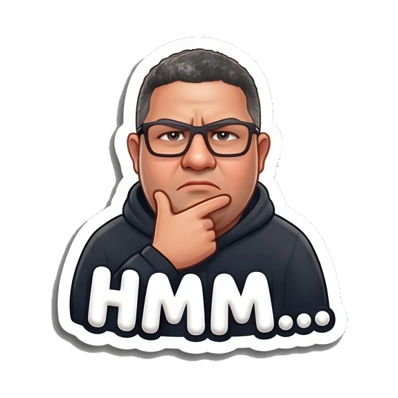 Man with glasses thinking with hand on chin and text HMM... Tech Guy Daily Vibes sticker for expressive chats and social replies.