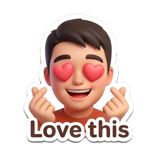 Boy making finger hearts with a happy expression and text Love this. Cheerful 3D Boy Expressions sticker for expressive chats and social replies.