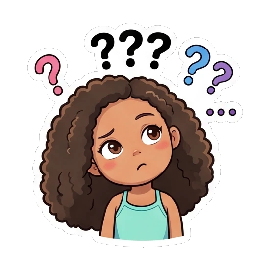 卷发女孩疑惑挠头，带有问号 Curly Haired Girl Expressions sticker for expressive chats and social replies.