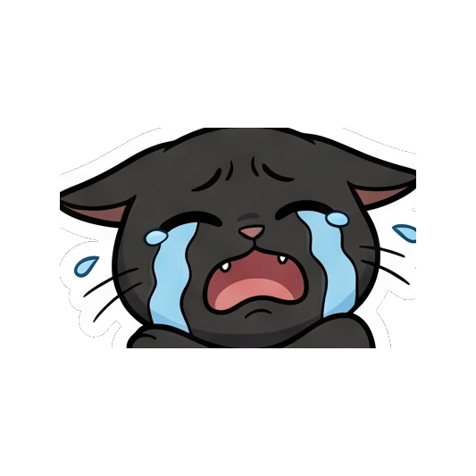 Black cat crying loudly with tears streaming down its face. Little Black Cat Expressions sticker for expressive chats and social replies.