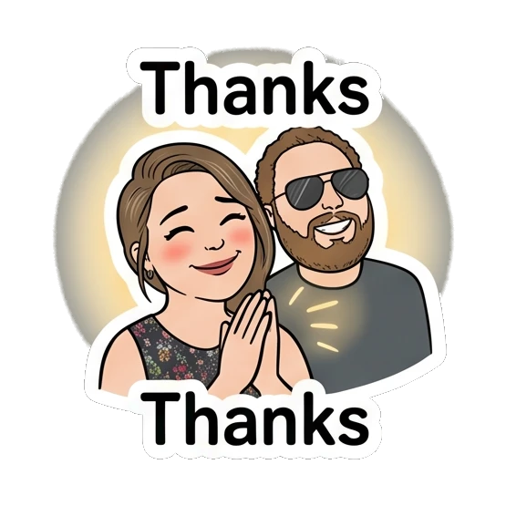 Woman and man smiling with hands together with text Thanks Couple Vibes Daily sticker for expressive chats and social replies.