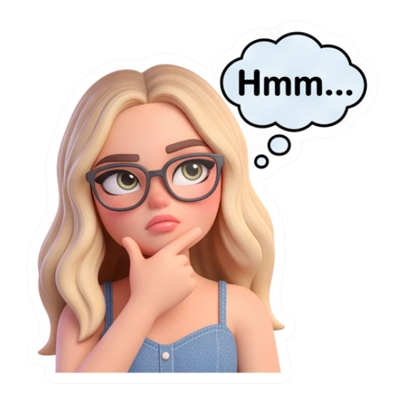 Blonde girl wearing glasses thinking with Hmm text Blonde Girl Daily Vibes sticker for expressive chats and social replies.