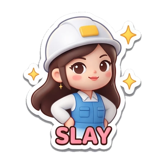 Construction girl posing confidently saying SLAY Yewab Construction Crew sticker for expressive chats and social replies.