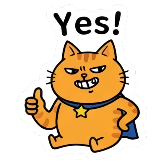 Cheerful orange cat giving a thumbs up. Heroic Orange Cat Adventures sticker for expressive chats and social replies.