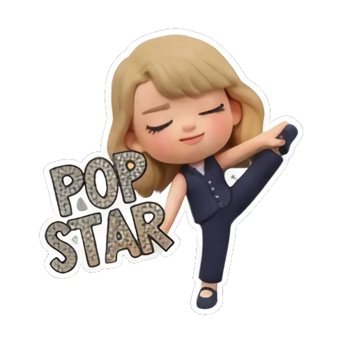 Blonde girl in a suit doing a high kick, text 'POP STAR' Chibi Pop Star Life sticker for expressive chats and social replies.