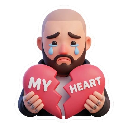 Bearded man holding a broken heart, text MY HEART Bearded Guy Daily Vibes sticker for expressive chats and social replies.