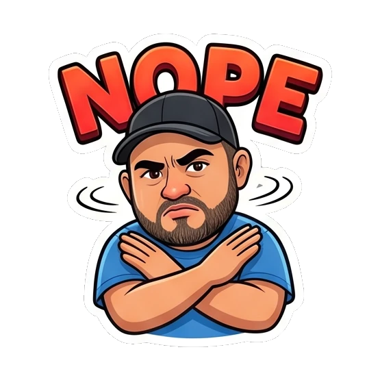 Bearded man with arms crossed in a firm 'Nope' gesture. Bearded Guy Daily Vibes sticker for expressive chats and social replies.