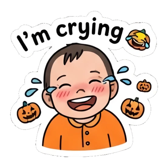 Happy baby crying with joy surrounded by pumpkins, text 'I'm crying' Little Spooky Moods sticker for expressive chats and social replies.