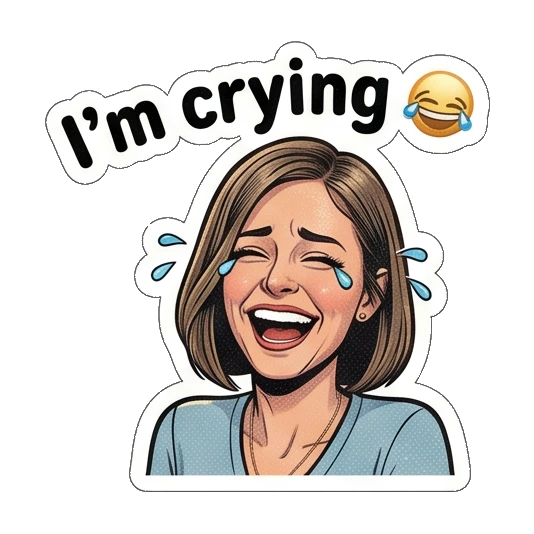 Woman laughing with tears of joy, text I'm crying Retro Comic Office Lady sticker for expressive chats and social replies.