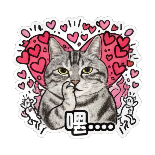 Cat thinking with paw on chin and text 嗯... Keith Haring Style Cat Expressions sticker for expressive chats and social replies.