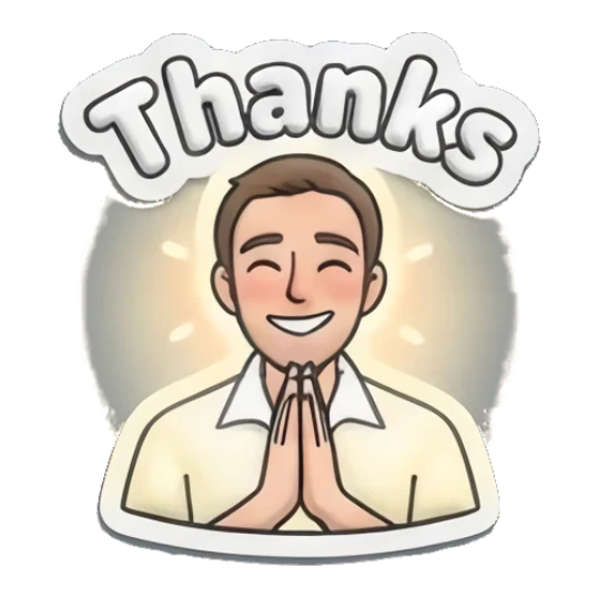 Man with hands in prayer position looking grateful with text Thanks Everyday Guy Expressions sticker for expressive chats and social replies.