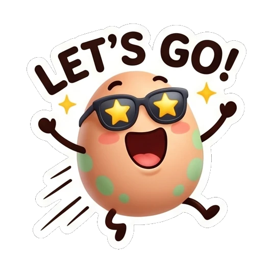 Spotted egg with star-shaped glasses running happily, text LET'S GO! Cool Spotted Egg Expressions sticker for expressive chats and social replies.