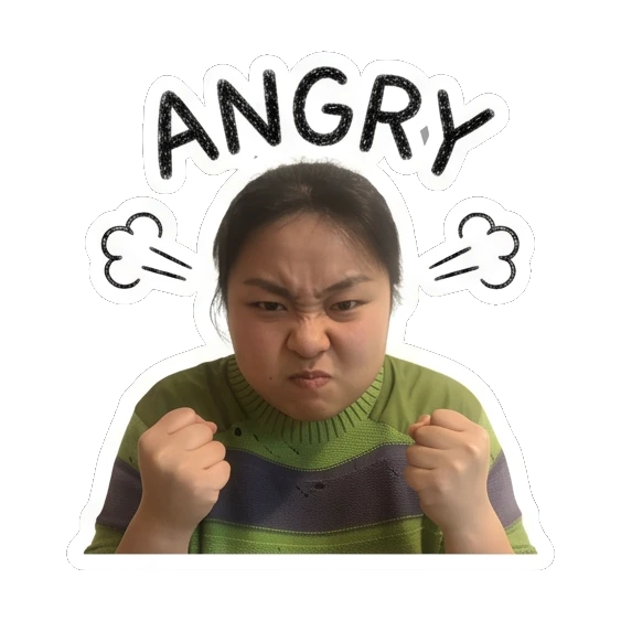 Young woman looking angry with clenched fists and 'ANGRY' text Cheerful Daily Expressions sticker for expressive chats and social replies.