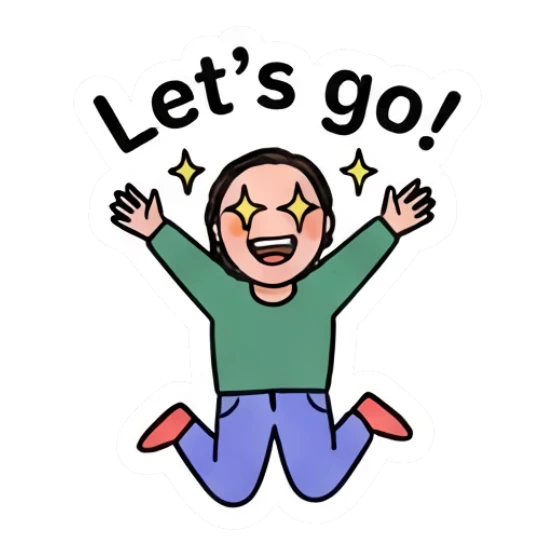 Girl jumping with excitement, star eyes, text Let's go. Daily Vibe Girl sticker for expressive chats and social replies.