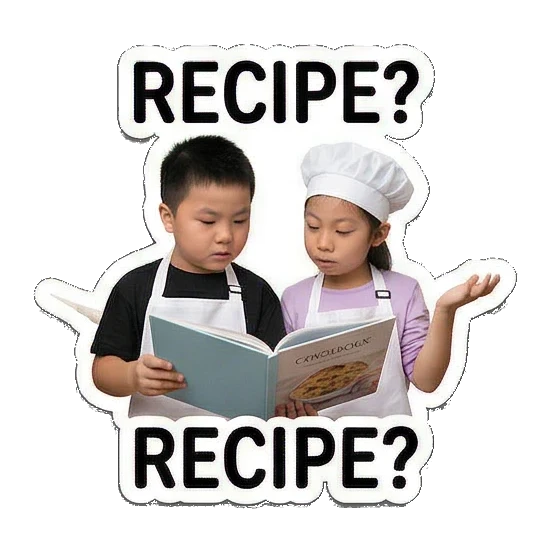 boy and girl reading recipe Little Chefs Cooking Adventures sticker for expressive chats and social replies.