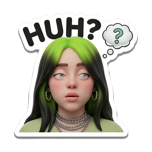 Billie character looking up with HUH? text, puzzled Billie Eilish 3D Expressions sticker for expressive chats and social replies.