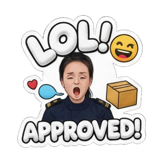 Female officer laughing happily, with "LOL! APPROVED!". Delivery Dispatcher's Diary sticker for expressive chats and social replies.