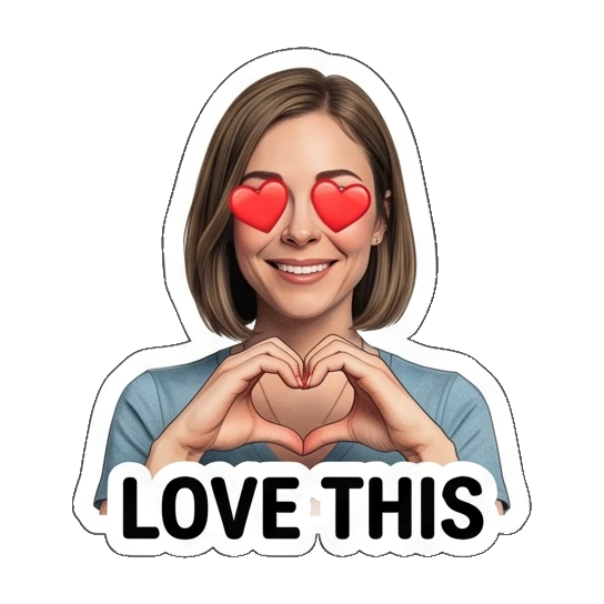 Woman making heart shape with hands and 'LOVE THIS' text Everyday Office Lady sticker for expressive chats and social replies.