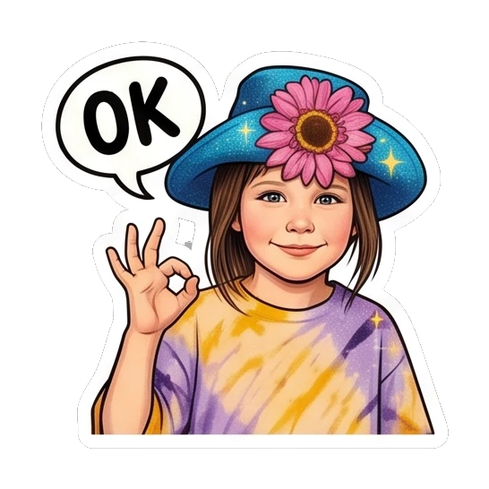 Girl with sunflower hat making an OK hand gesture with text OK Sunflower Girl Daily Vibes sticker for expressive chats and social replies.