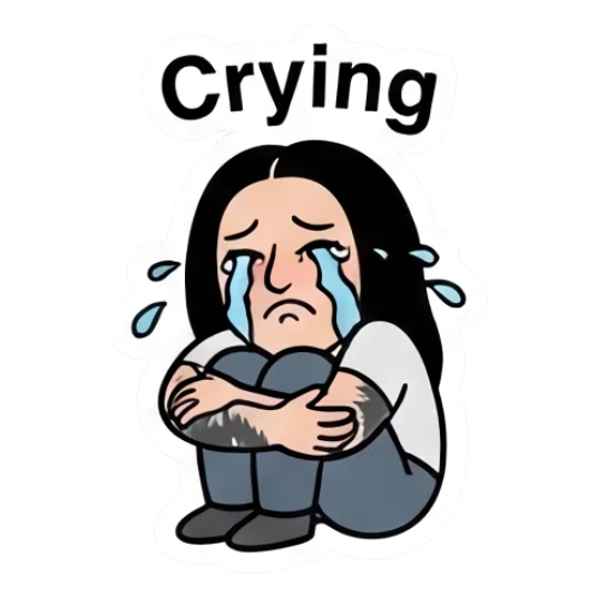 Sad girl sitting and crying with head down. Cool Girl Daily Vibes sticker for expressive chats and social replies.