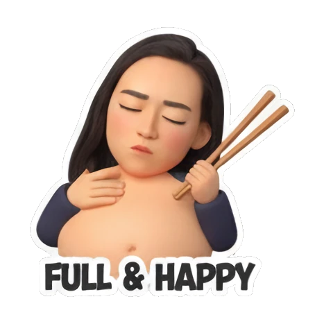 Girl rubbing full belly with full and happy text Sushi Lover Girl sticker for expressive chats and social replies.