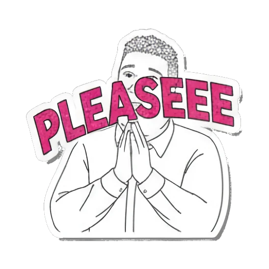 Man pleading with hands together and Pleaseee text Office Guy Daily Vibes sticker for expressive chats and social replies.