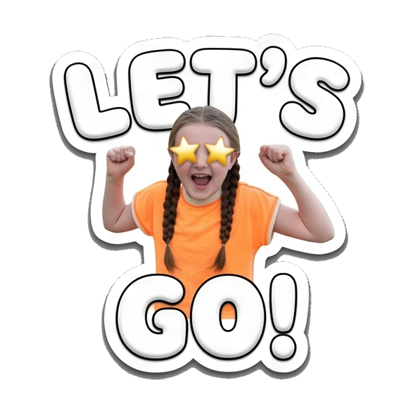 Girl with star-shaped eyes cheering with text LET'S GO Cheerful Girl Daily Life sticker for expressive chats and social replies.