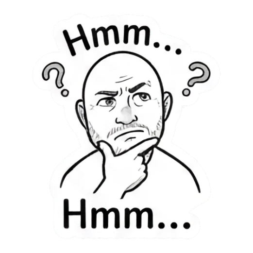 Bald man thinking with a hand on his chin and question marks. Bald Guy Daily Vibes sticker for expressive chats and social replies.