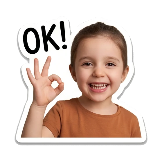 Young girl making an OK hand gesture with a happy smile. Little Girl Daily Expressions sticker for expressive chats and social replies.