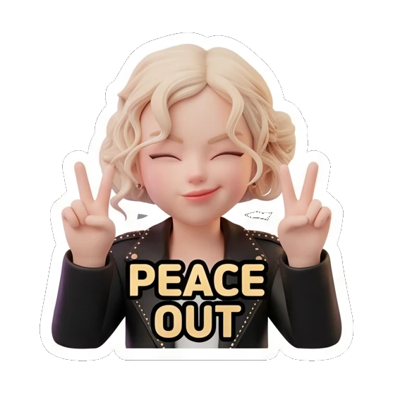 金发女孩比耶，表情俏皮，文字PEACE OUT Blonde Rocker Girl Daily sticker for expressive chats and social replies.