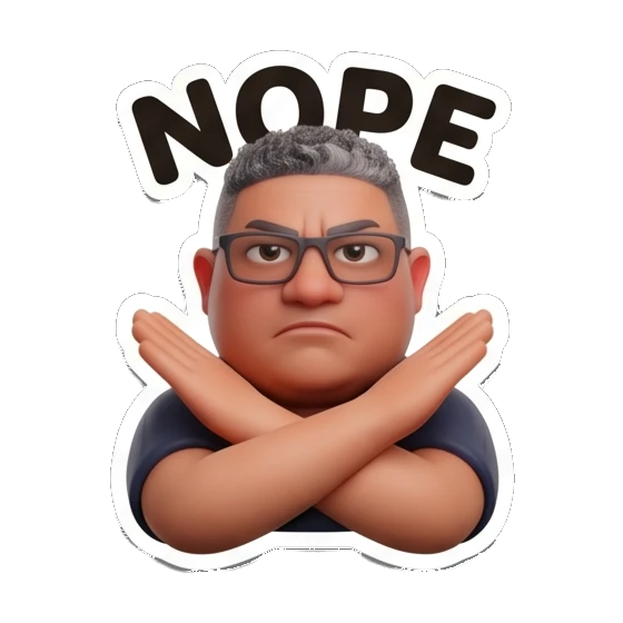 Man with glasses making an X gesture with arms with text NOPE Office Guy Expressions sticker for expressive chats and social replies.