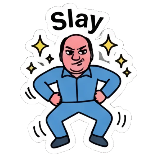 Confident man posing with hands on hips and text Slay Office Guy Daily Vibes sticker for expressive chats and social replies.