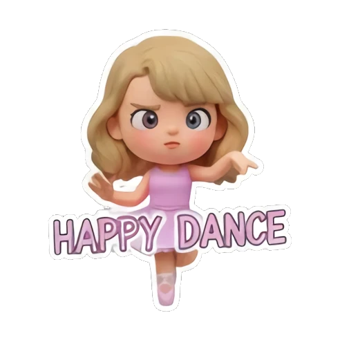 Blonde girl dancing with arms out, text 'HAPPY DANCE' Chibi Pop Star Life sticker for expressive chats and social replies.