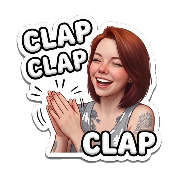 Excited girl clapping hands with 'CLAP' text Red-Haired Girl Daily Vibes sticker for expressive chats and social replies.