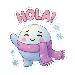 Snow creature wearing a scarf waving hello with HOLA text. Snowy Buddy Adventures sticker for expressive chats and social replies.