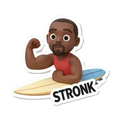Surfer man flexing muscles on board, text STRONK Surfing Dude Vibes sticker for expressive chats and social replies.