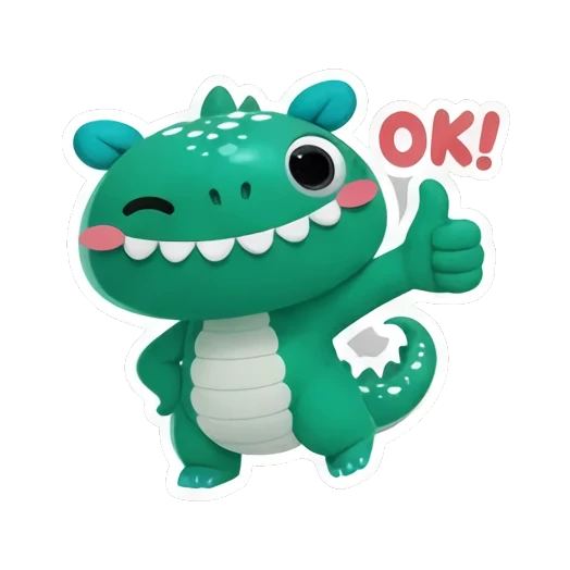 Green dinosaur winking and giving a thumbs up with OK text Little Green Dino Adventures sticker for expressive chats and social replies.